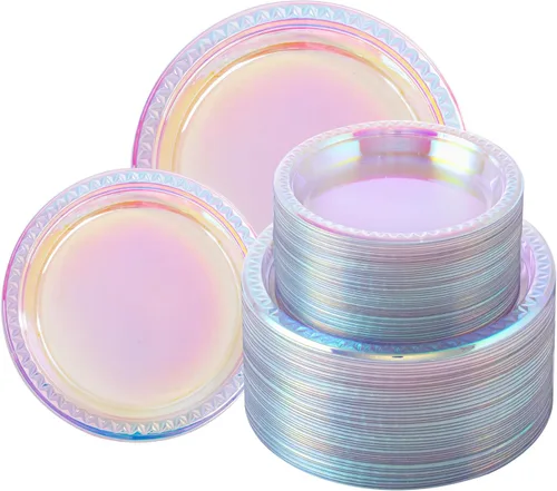 Supernal 120 platos de plástico iridiscente brillante, platos desechables para fiestas, día de San Valentín, día de la madre y Pascua, platos de