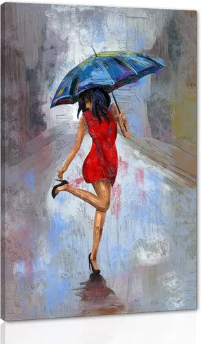 Miniatura 25 de Lienzo abstracto moderno para pared, póster de niña en vestido rojo caminando con paraguas azul, obra de arte para la decoración de pared
