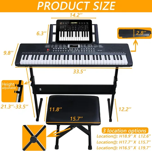 Miniatura 6 de Piano de teclado de 61 teclas para principiantes con teclas iluminadas y modos de enseñanza profesional, incluye soporte, banco, micrófono, soporte