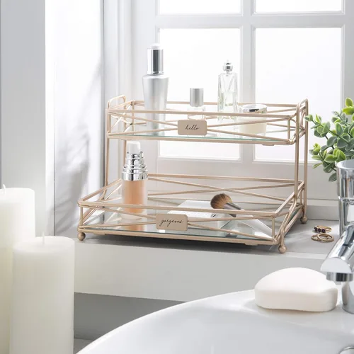 Miniatura 3 de Home Details Espejado, perfecto para perfumes, joyas, maquillaje, organizador de cosméticos, decoración elegante en torre de tocador de 2 niveles