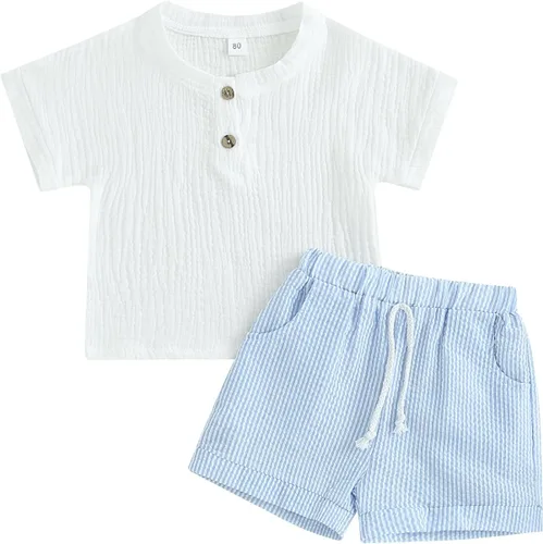 Miniatura 22 de fhutpw Conjunto de 2 piezas de ropa de verano para bebés, camiseta de manga corta, cintura elástica, pantalones cortos para niños pequeños