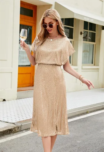 Miniatura 2 de JASAMBAC Vestido de lentejuelas para mujer, cuello redondo, manga corta, con purpurina brillante, con abertura, cintura elástica, vestido de cóctel