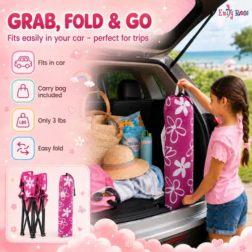 Miniatura 7 de Emily Rose Silla de campamento de playa plegable rosa para niños con portavasos, bloqueo de seguridad y funda de transporte, silla para niñas de 2 a