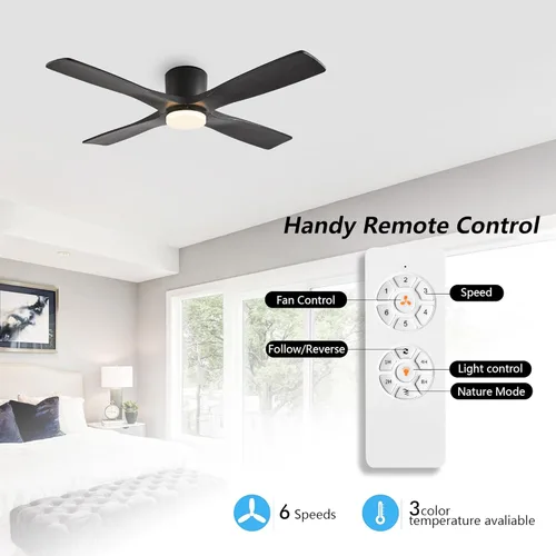 Miniatura 2 de WINGBO - Ventilador de techo de montaje empotrado de 48 pulgadas con DC, luces y control remoto, 4 aspas talladas reversibles de madera, motor DC
