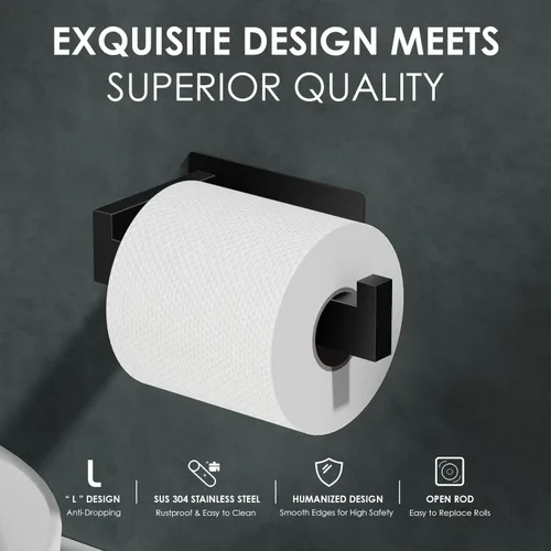 Miniatura 3 de Auxmir Soporte de papel higiénico negro mate, soporte de rollo de papel higiénico autoadhesivo para montaje en pared, acero inoxidable SUS304