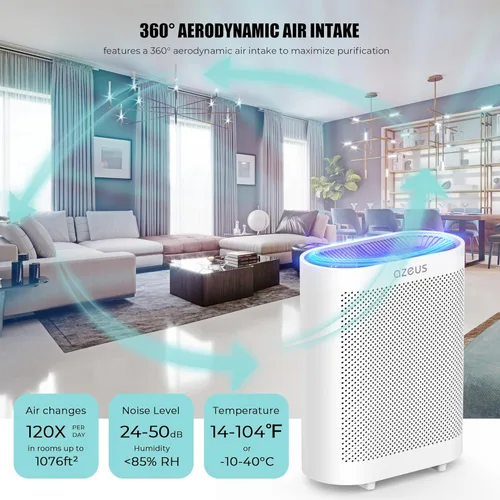 Miniatura 3 de AZEUS Purificador de aire True HEPA para habitaciones grandes, filtro 5 en 1, atrapa partículas de hasta 0.3 micrones, ventilador centrífugo de alta
