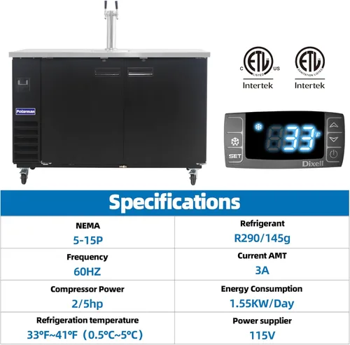Miniatura 2 de Polarman Dispensador de cerveza Kegerator de 16.6 pies cúbicos con doble grifo para bares y restaurantes con 2 acopladores, bandeja de goteo de 33