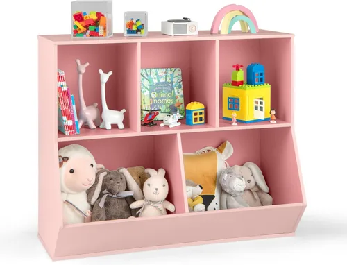 Costzon Organizadores de juguetes y almacenamiento con estantería, estante de madera para libros infantiles de 5 cubículos, gabinete de Rosado