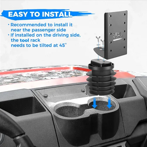 Miniatura 2 de Soporte KEMIMOTO para herramientas de caza UTV, compatible con Polaris Ranger y General, montaje en el portavasos del salpicadero o en la cama