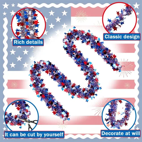 Miniatura 3 de 4th of July Red White Blue Star Tinsel Garland - 33 Ft Memorial Day Patriotic Decoration Independence Day Metallic Tree Fine Filament Garland