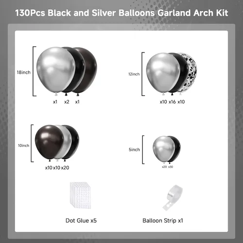 Miniatura 3 de Kit de arco de globos negros y plateados, 130 guirnaldas de globos negros metálicos, globos de látex plateados metálicos de diferentes tamaños