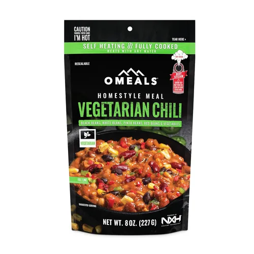OMEALS Chili-MRE vegetariano - Vida útil extendida - Totalmente cocido con calentador, perfecto para entusiastas del aire libre, viajeros,