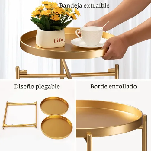 Miniatura 6 de TeoKJ Mesa auxiliar dorada de 2 niveles, mesa auxiliar redonda plegable de metal, mesita de noche pequeña con dos bandejas extraíbles