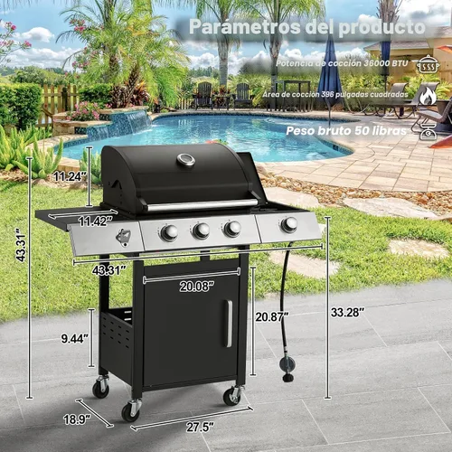 Miniatura 2 de MELLCOM Parrilla de barbacoa de acero inoxidable mejorada de 36,000 BTU, parrilla de gas propano BBQ de 3 quemadores con rejillas de hierro fundido
