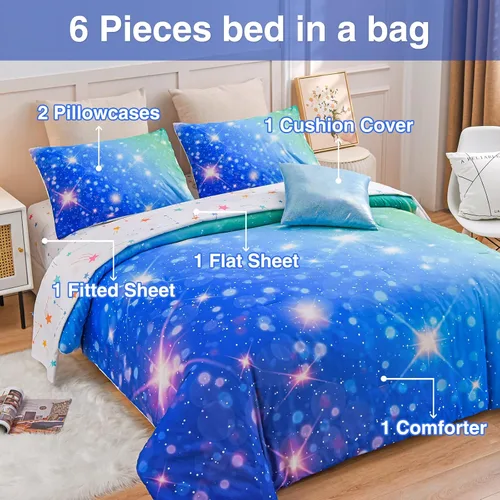 Miniatura 4 de A Nice Night Juego de ropa de cama de 6 piezas con purpurina degradada para niñas, juego de edredón colorido de galaxia arco iris, juegos de ropa