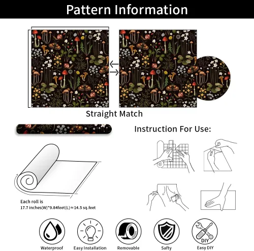 Miniatura 7 de Papel de contacto Boho negro de despegar y pegar con diseño de setas/caracoles/flores silvestres/mariposas, papel pintado extraíble decorativo