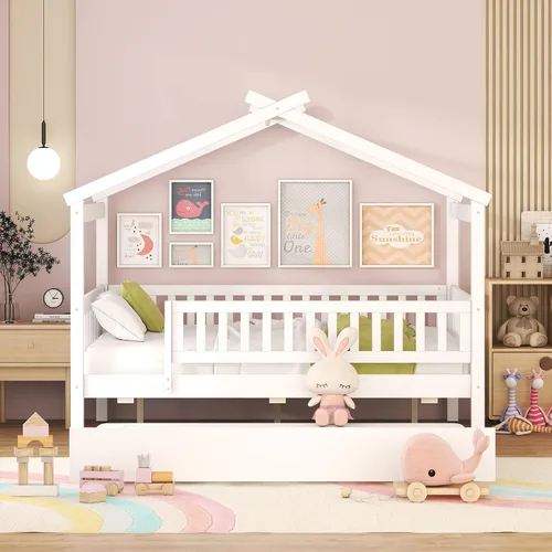 Miniatura 3 de Cama de casa con nido y valla, camas de tamaño matrimonial estilo Montessori con barandillas, marco de cama de madera para niños, niñas, niños