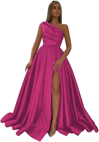XYAYE Vestidos de fiesta de satén de un hombro con abertura, vestidos de noche formales largos con bolsillos para fiesta de mujer