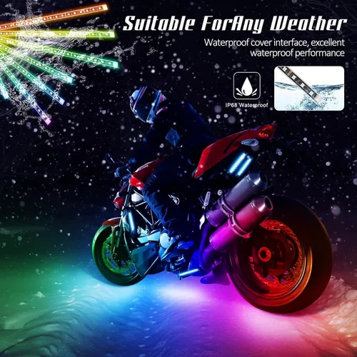 Miniatura 5 de 4 piezas de kits de luz LED para motocicleta, tiras de luz LED impermeables multicolor con control de aplicación, luces LED RGB sincronizadas