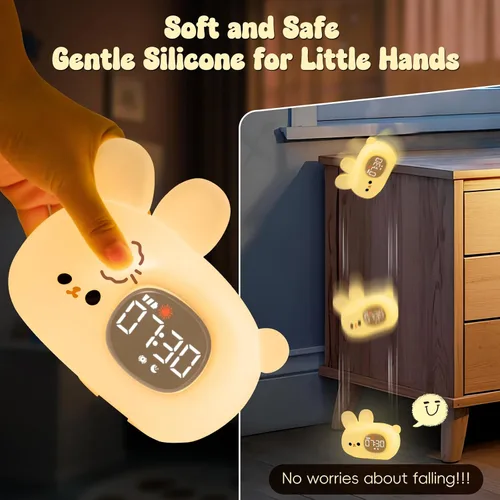 Miniatura 7 de Reloj despertador de conejo con luz nocturna para niños con entrenamiento del sueño y máquina de sonido, lámpara de silicona recargable