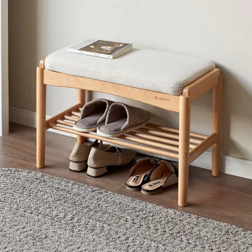 Miniatura 10 de Banco de zapatos de madera maciza montado, banco de zapatos con cojín de cuero de silicona para entrada, sala de estar, dormitorio, pasillo, 11.8 x
