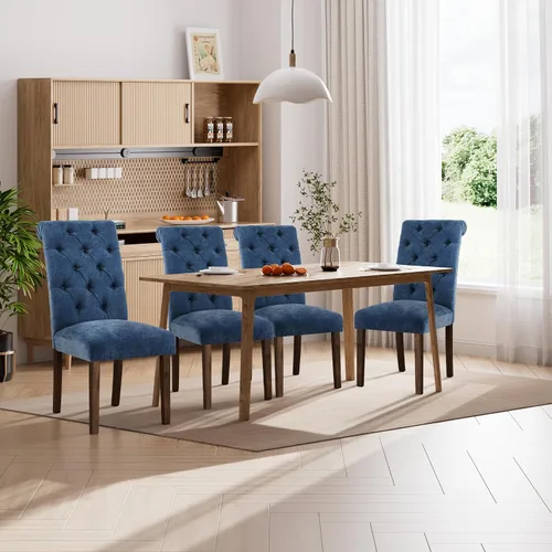 Miniatura 9 de Juego de 2 sillas de comedor, tapizadas Parsons con botones y patas de madera maciza, sillas de cocina de tela moderna para comedor, color beige