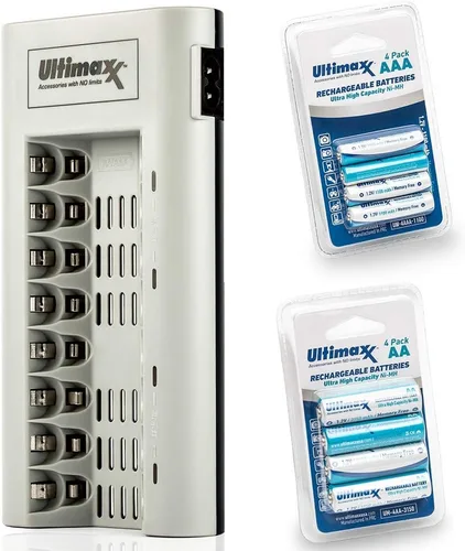 Ultimaxx Cargador con baterías – Cargador de batería de 8 puertos con 4 pilas AA de 3150 mAh y 4 pilas AAA, 1100 mAh sin memoria, recargable, Ni-MH,