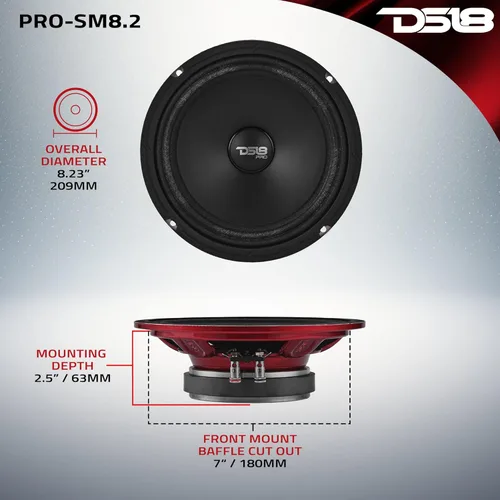 Miniatura 5 de DS18 PRO-SM8.2 - Altavoz delgado de 8 pulgadas, rango medio, canasta de acero rojo, 500 W de potencia máxima, 250 W RMS, 2 ohmios - Altavoces