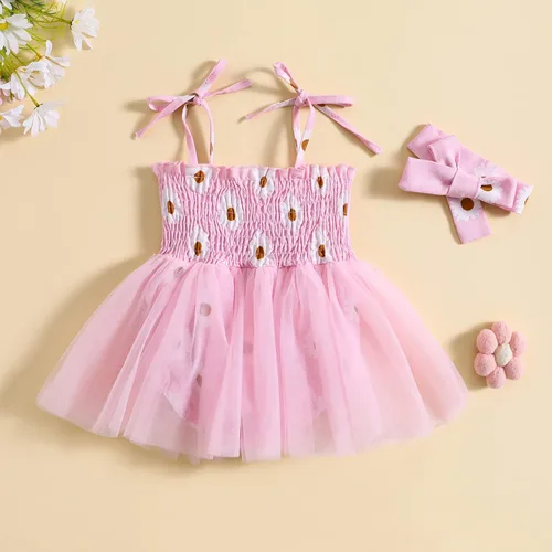 Miniatura 3 de Ropa de verano para bebé recién nacida, sin mangas, con estampado de margaritas, vestido de princesa con diadema