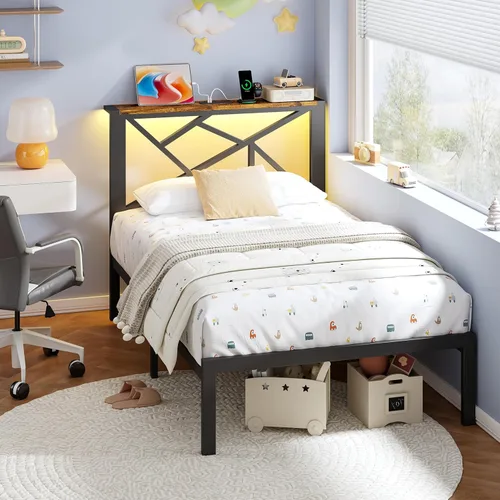 Miniatura 6 de ChicZhiNest Armazón de cama de metal negro tamaño twin con estación de carga USB, iluminación ambiental LED y cabecera de almacenamiento de madera
