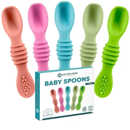 Juego de cucharas de silicona prémium para bebés, cucharas para bebés y niños pequeños, utensilios de destete masticables para bebés de primera