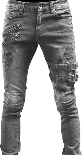 Maiyifu-GJ Jeans de motociclista desgastados para hombre, rasgados, punk, góticos, con cremallera, pantalones de mezclilla hiphop, pierna cónica,
