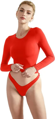 Miniatura 4 de SUUKSESS Camisetas básicas ajustadas de doble forro para mujer, cuello redondo, manga larga
