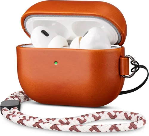 Miniatura 15 de Maogoam Funda de cuero genuino para AirPods Pro 2, botón de sincronización, diseño de clip en D con cordón de mano, funda de cuero encerado