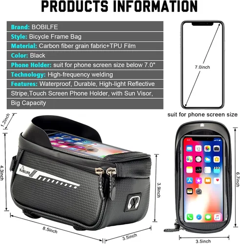Miniatura 2 de Bolsa para marco de bicicleta con soporte para teléfono celular, bolsa de tubo frontal impermeable para bicicleta con funda de teléfono compatible