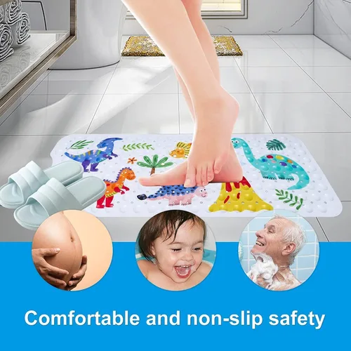 Miniatura 5 de Tapete de baño para bebé para niños, tapete de baño extra grande de 40 x 16 pulgadas, antideslizante, con dibujos animados, con ventosas y orificios