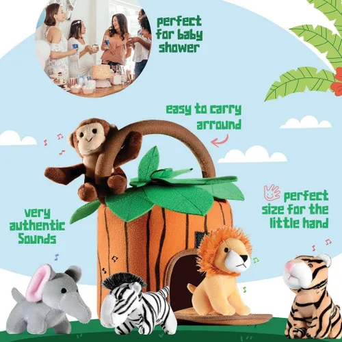 Miniatura 2 de Play22 Juego de 6 piezas de animales de la selva parlantes de felpa con transportador para niños, bebés y niños pequeños, elefante, tigre, león
