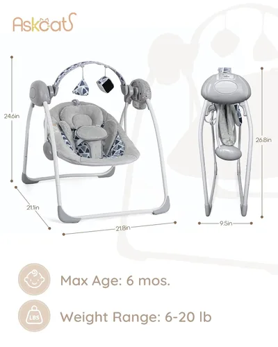 Miniatura 2 de Columpios de bebé para bebés, columpio portátil para bebés que se pliega fácilmente con velocidad adaptable, música, temporizador, columpio de bebé