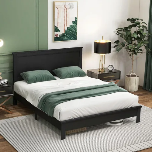 Miniatura 8 de Giantex Base de cama de plataforma de madera individual con cabecero, marco de cama de mediados de siglo con patas de madera maciza y soporte