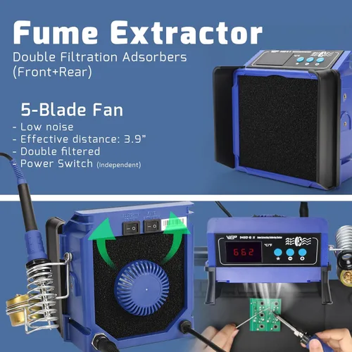 Miniatura 4 de WEP 948DQ-II - Extractor de humo de doble filtro, estación de soldador 2 en 1, ventilador de soldadura con control PID, ℉/℃, modo de suspensión