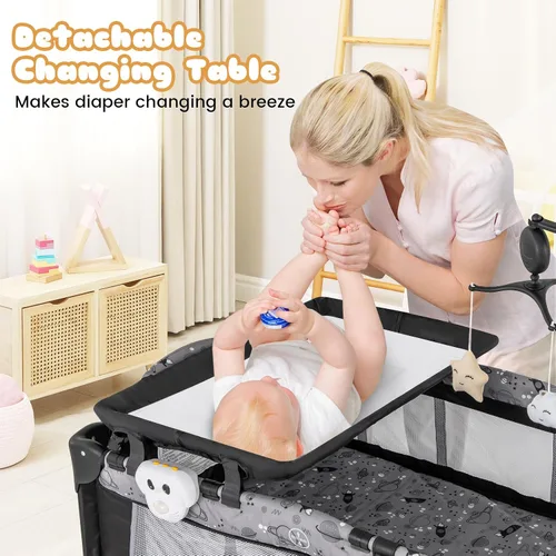 Miniatura 8 de BABY JOY 3 en 1 Pack and Play, Corralito Portátil para Bebé con Moisés, Mesa Cambiadora, Ruedas Bloqueables, Caja de Música Luminosa, Cuna Moisés