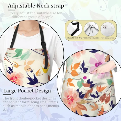 Miniatura 5 de Delantal de pájaro para mujer con colibrí, 28 x 33 pulgadas, delantales de cocina de jardín floral con 2 bolsillos, tela Oxford, hermoso delantal