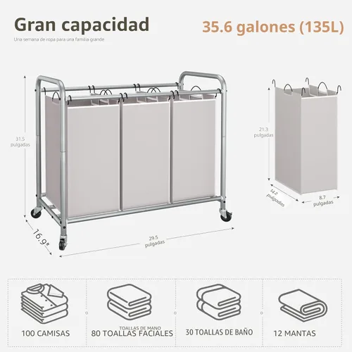 Miniatura 4 de STORAGE MANIAC Clasificador de ropa sucia de 3 secciones, carrito de lavandería de 35.6 galones (135 L) con ruedas resistentes con cerradura y Gris