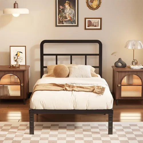 Husleephu Marcos de cama individual con cabecero, marco de cama de plataforma individual de 12 pulgadas de metal resistente, no necesita somier,
