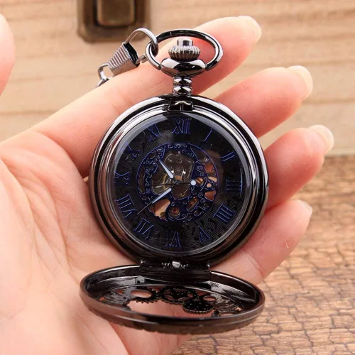 Miniatura 7 de Avaner Steampunk Retro Half Hunter Copper Gear Skeleton Hand Wind Mecánico Número romano árabe Pantalla analógica Reloj de bolsillo con cadena de 14
