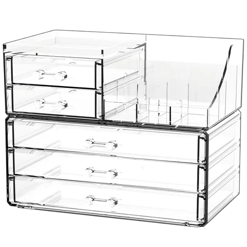 Organizadores de maquillaje acrílicos transparentes y almacenamiento para tocador, organizador de cuidado de la piel para baño con 5 cajones para