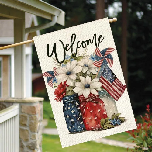 Miniatura 2 de RABUSOFA Bandera patriótica para casa del 4 de julio, 28 x 40 pulgadas, doble cara para exterior, frasco de masón americano de bienvenida, flores