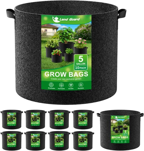 Land Guard Paquete de 10 bolsas de cultivo de tela de 5 galones, macetas de jardín no tejidas gruesas, bolsas de cultivo con asas, color negro