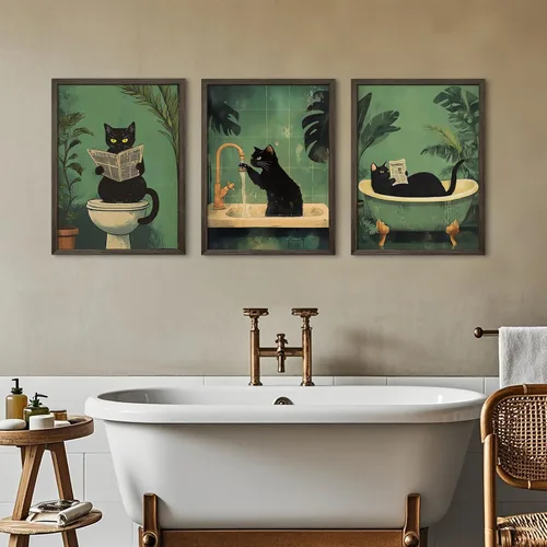 Miniatura 3 de Arte de pared de baño de gato, lienzo divertido para decoración de pared, imágenes de gato negro, impresiones lindas divertidas para baño, póster