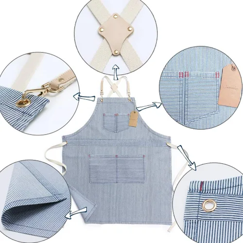 Miniatura 3 de Jeanerlor Delantales de mezclilla a rayas azules para mujeres y hombres, delantal de mezclilla con espalda cruzada, cuello ajustable, unisex, con 4